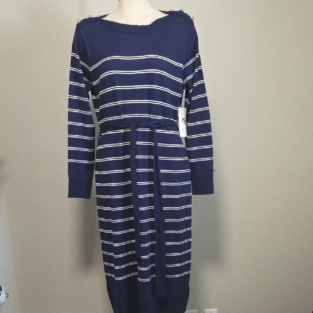 Elegant Navy Striped Long Sleeve Dress - Picture 2 of 6